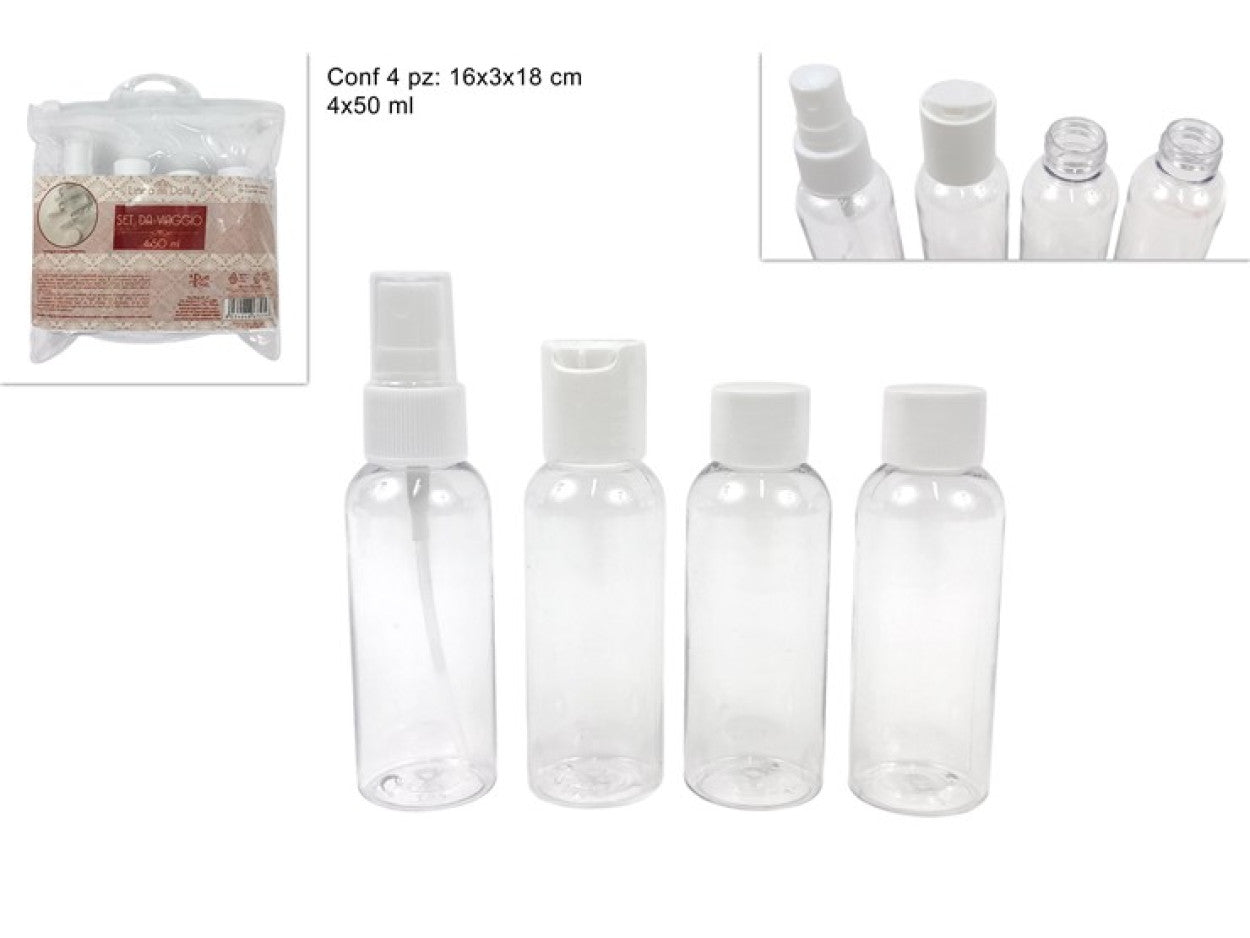 Set 4 Bottigliette Da Viaggio 50ml Kit Liquidi Aereo