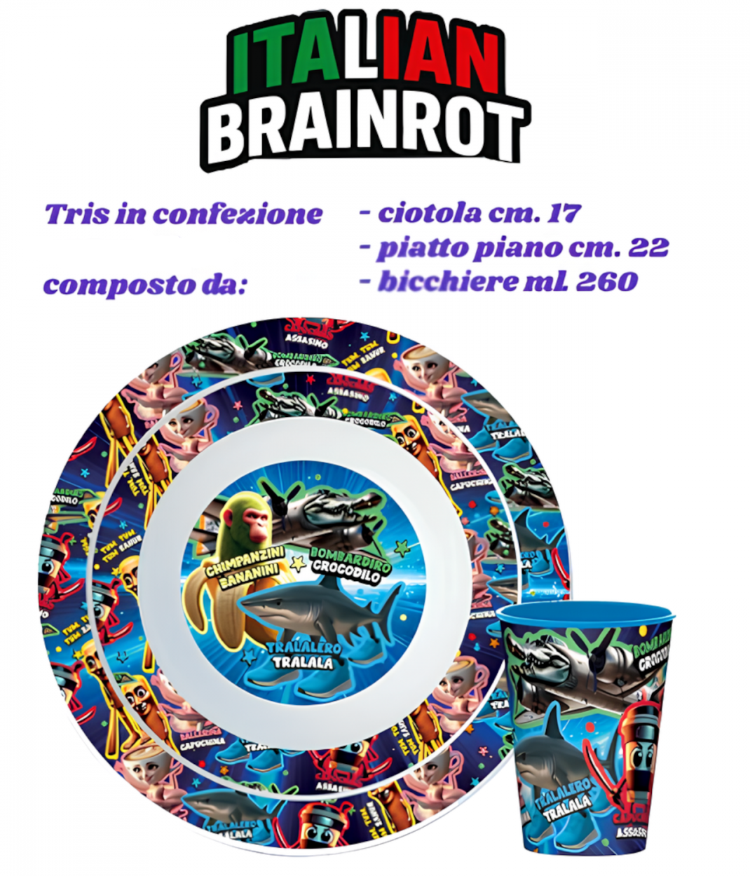 Set Pappa 3 Pezzi Brainrot Skibidi Meme Design - Nuovo
