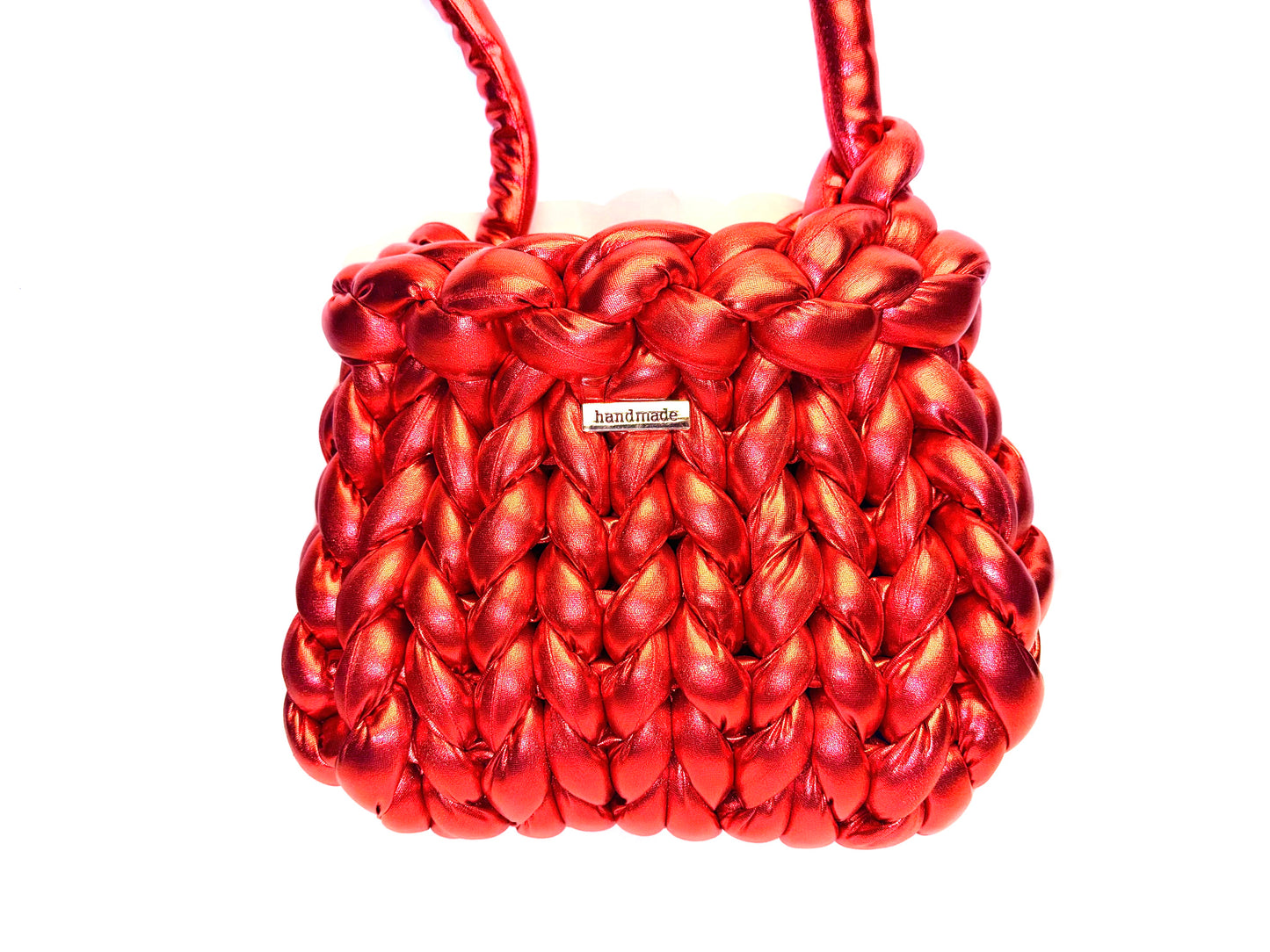 Borsa Handmade in Filato Marshmallow Rosso Metallizzato – Borsa Artigianale Intrecciata, Accessorio Unico e Morbido