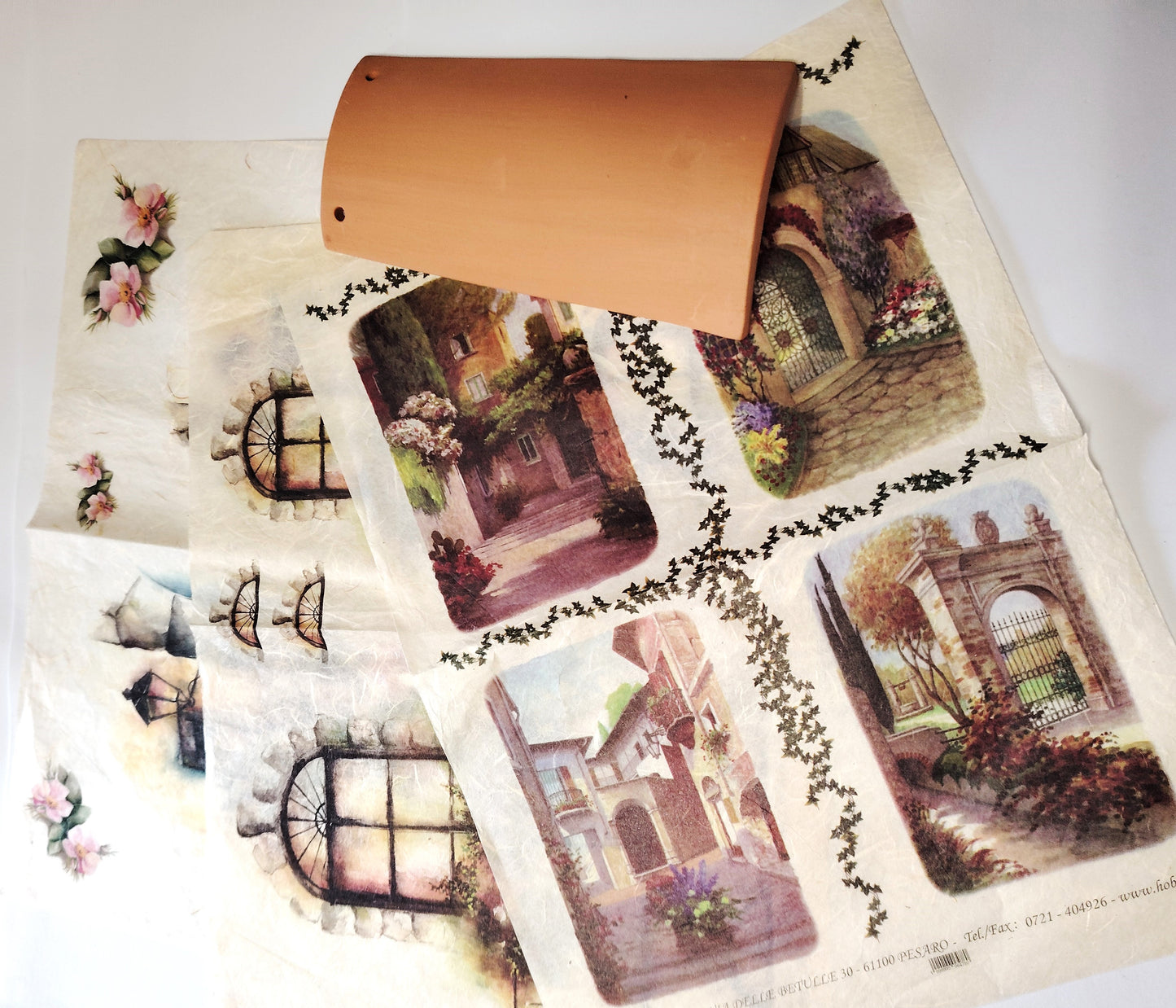 KIT Carta Decoupage + Tegola in cotto 21 cm x 12 cm – Introvabile! Ultimi pezzi a prezzo eccezionale - 3 fogli misti per tegole