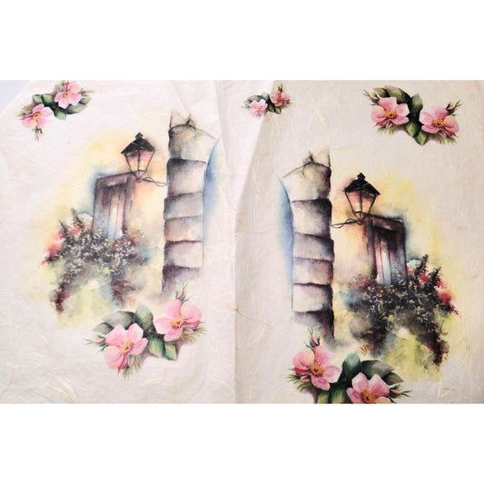 Carta da Decoupage Vintage con Fiori Rosa e Lampione – Motivo Romantico Shabby Chic