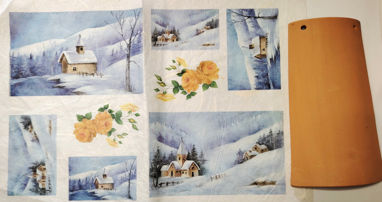 KIT Carta Decoupage + Tegola in cotto 21 cm x 12 cm – Introvabile! Ultimi pezzi a prezzo eccezionale - Paesaggi Innevati