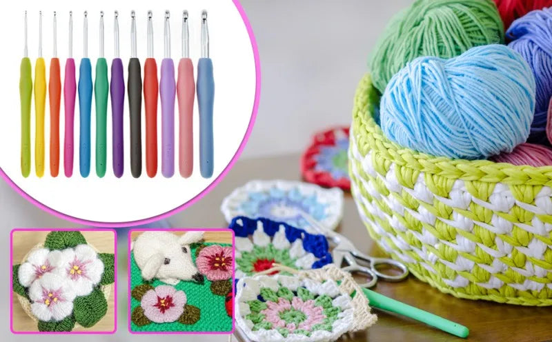 Set di uncinetti Kit di uncinetti in filato colorato per principianti Ferri da maglia con manici ergonomici per mani artrite
