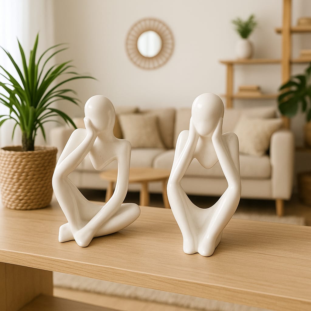 Coppia di sculture artigianali in polvere di ceramica – Decorazioni moderne bianche opache